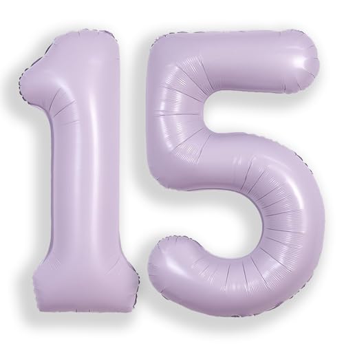 Image of SUWEN 40 Inch Light Purple Large 15 Balloon Number Big Foil Helium Lavender Number Balloons Huge Mylar 0-9 Giant Jumbo Happy 15th Birthday Party Anniversary Decorations