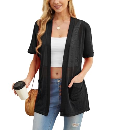 PrinStory Womens Summer Cardigan Short Sleeve Open Front Cardigans V Neck Lightweight Outerwear With Pocket UK 14-16 (Black, L)