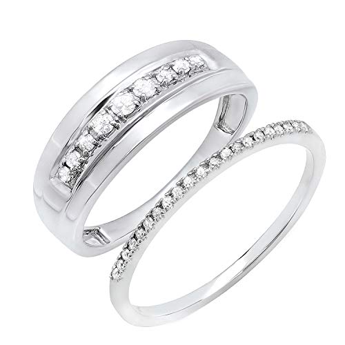 Dazzlingrock Collection White Diamond Wedding Trio Ring Set For Him & Her (0.31 Ctw, Color I-J, Clarity I2-I3) In 925 Sterling Silver, Women Size 10 And Men Size 13 #TOP17