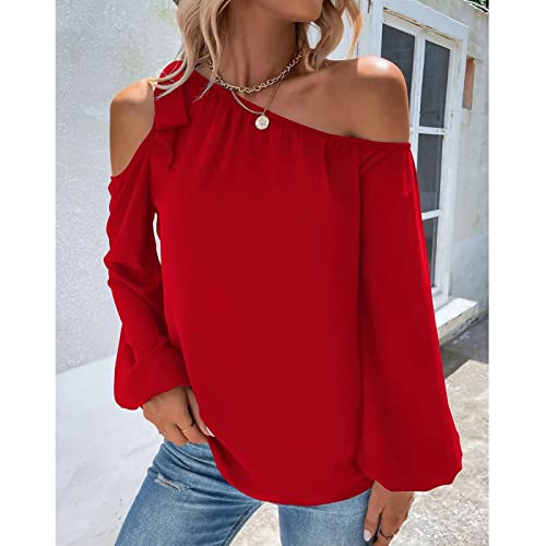 Blusa feminina de um ombro só, elegante, manga lanterna, tomara que caia, túnica, Vermelho, Small