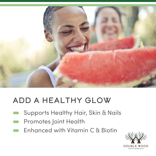 Double Wood Supplements Liquid Collagen - 2500mg of Hydrolyzed Bovine Collagen (Type 1, 3 and Grassfed) - 32 Servings - for Women and Men - 30 mcg of Biotin - Sugar Free Pear Flavor