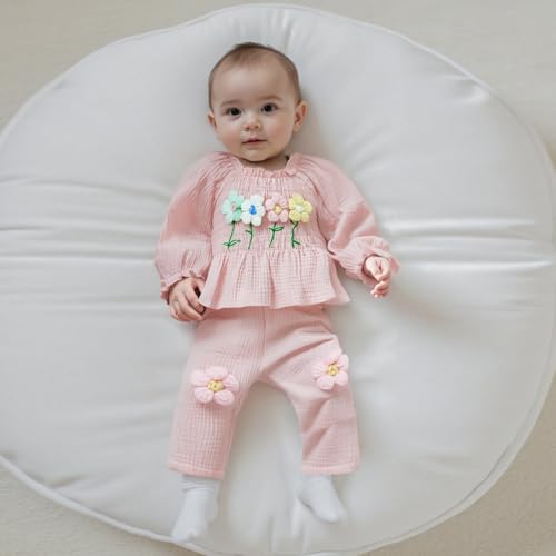 Amnnchya Toddler Baby Girl Outfits Infant Puff Sleeve Smocked Floral Tops Pants Cute Kids Girls Fall Winter Clothes Set (Pink, 18-24 Months)