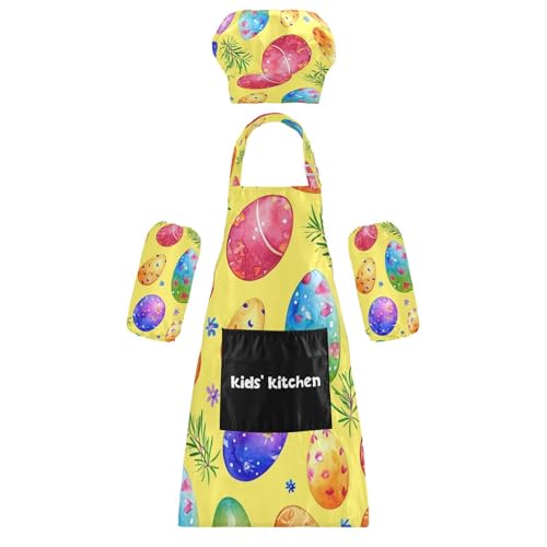 Bulletgxll Colorful Eggs Kids Apron and Chef Hat Set Adjustable Bib Aprons with Pockets for Cooking Baking Painting