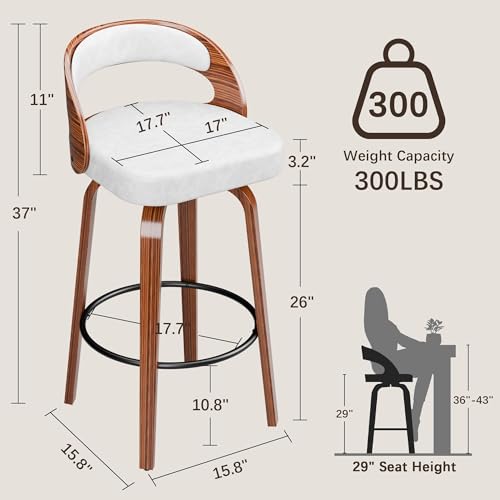 Butacos de Barra Set de 2, Butacos Modernos Giratorios de Altura para Barra (29 pulgadas), Blancos con Patas y Espaldar de Madera, Tapizados en Cuero Sintético para Isla de Cocina miniatura 2