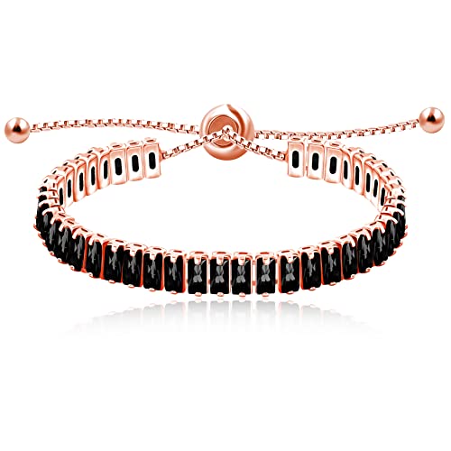 Rose Gold Plated Baguette Cz Simulated Black Onyx Bolo Tennis Bracelets Link Chain Adjustable Y1788 (Rose Gold, Black) #TOP26