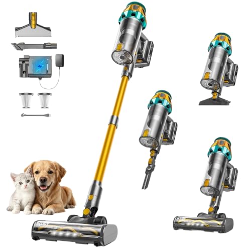 Image of NYXAL Cordless Vacuum Cleaner, 600W/55KPA Vacuum Cleaners for Home, 55Mins Stick Vacuum, Anti-Tangle & 1.8L Large Dust Cup, Lightweight Vacuum for Hard Floors Carpet Pet Hair, Golden Blue