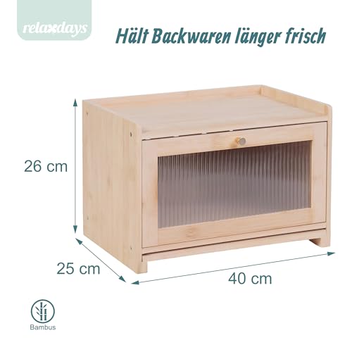 Relaxdays Brotkasten, Bambus, Schneidebrett, Ablage, Luftlöcher, Sichtfenster, HxBxT: 26 x 40 x 25 cm, Brotbox, Natur