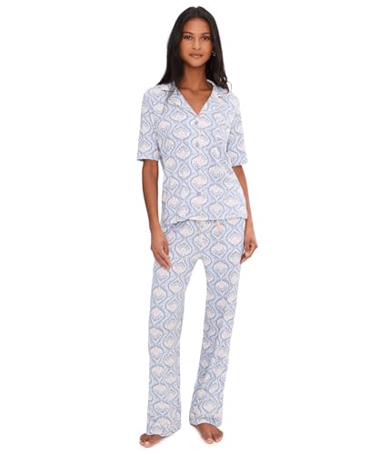 Karen Neuburger Womens Girlfriend Notch Collar Elbow Length Sleeve Top and Pant Pajama Set Floral Seedlings Medium