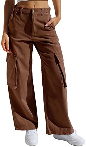 Allytok Y2K Cargo Pants for Women Streetwear Baggy High Waist Fashion Wide Leg Trousers with Pockets Brown US 14