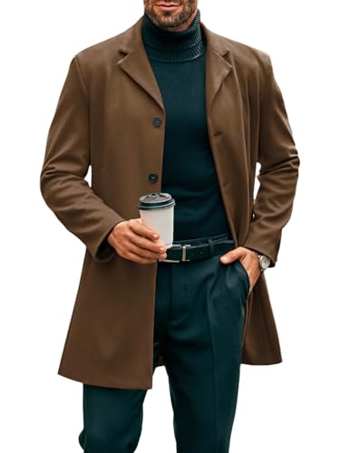 PASLTER Mens Mid Long Trench Coat Slim Fit Winter Pea Coat Single Breasted Business Overcoat