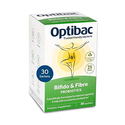 Optibac Probiotics Bifido & Fibre - Vegan Probiotics for Digestive Health & Occasional Constipation, 25 Billion CFU & Prebiotic - 30 Sachets