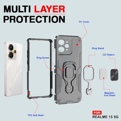 Image of AESTMO Armor Back Cover for Realme 15 5G / 15 Pro 5G | Ring Holder & Kickstand & Camera Protection in-Built | 360 Degree Protection Back Case Cover (Black
