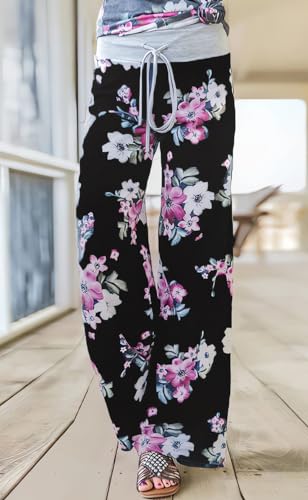 Image of Elsofer Women's Comfy Lounge Pants Soft Floral Pajama Pants Loose Drawstring Wide Leg Palazzo Pants for Sleep, Casual Wear