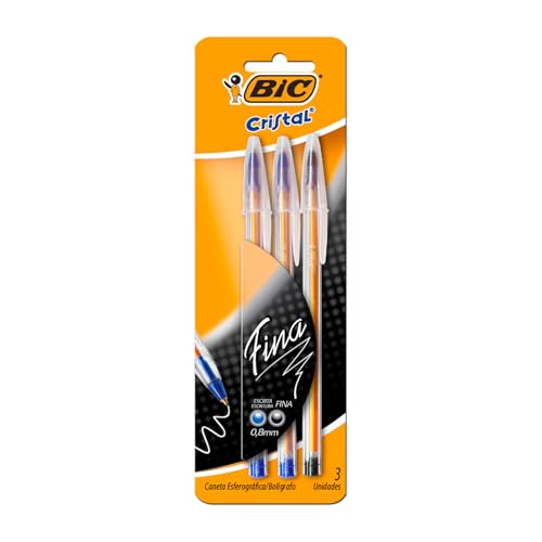 BIC, Caneta Esferográfica Escrita Fina, Cristal Fina, 2 Canetas Azul e 1 Caneta Preta, 3 Unidades