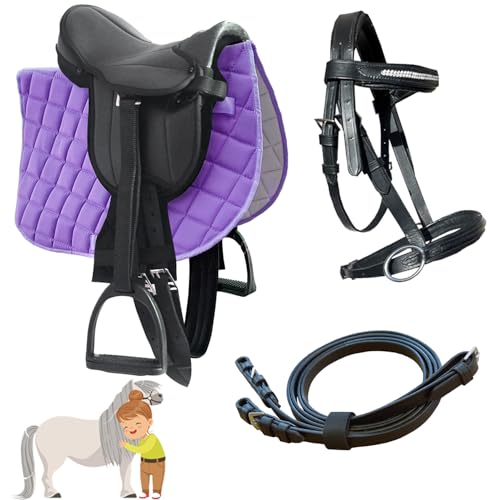 My Sweet Pony® Kinder Shetty Sattel-Set Purple Love + Trense + Zügel | für Pony Shetty und Holzpferd | Alles enthalten | Komplett-Set | Ideal für erste Reitversuche | Sattel DIN geprüft