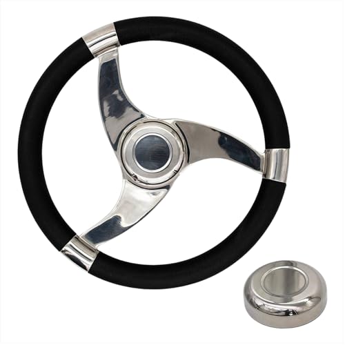 Marine City 13.5 Inch Boat Steering Wheel – 316 Stainless Steel, Tri-Spoke Sports Design, PU Foam Grip, Center Cap Included, Fits 3/4" Shaft for Marine Boat