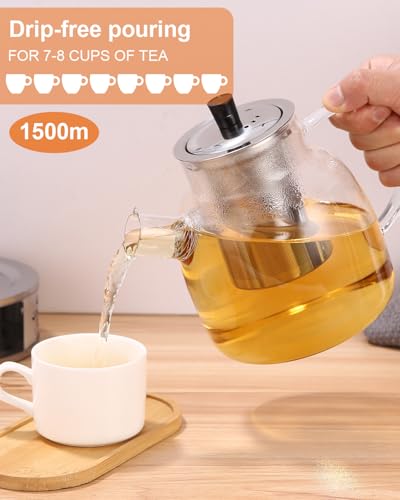 Teekanne mit Sieb und Stövchen, 1500 ml, aus Glas mit Holzdeckel, hitzebeständig, abnehmbarer Filter, modernes und elegantes Design
