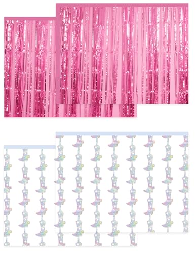 4 Pcs Cowgirl Party Decorations - 2 Boot Silver Metallic Tinsel Fringe Curtains & 2 Candy Pink Backdrops for Birthday Supplies Last Rodeo Bachelorette Wedding Disco Decor
