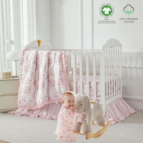 Image of Brandream Organic Crib Fitted Sheets for Baby Girls, Grandmillennial Fitted Crib Sheet for Standard Crib and Toddler Mattress Super Soft 100% Cotton Baby Sheet French Country Pink Toile Floral Print