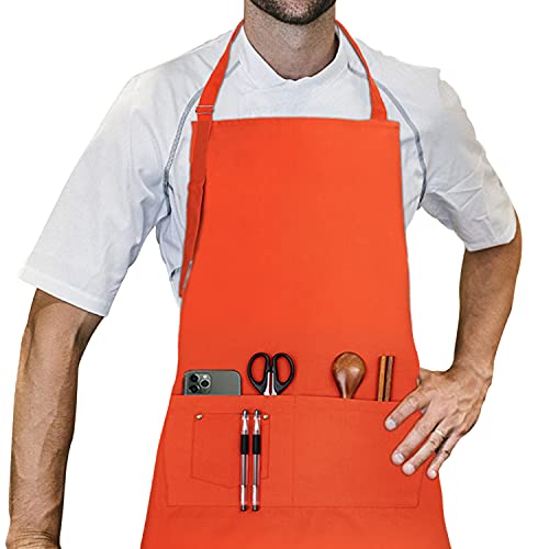 LessMo Tablier, 70 x 85 cm, 100% Tablier de Cuisine en Coton avec Cou réglable Sangle, qualité Professionnelle Tablier BBQ,Orange