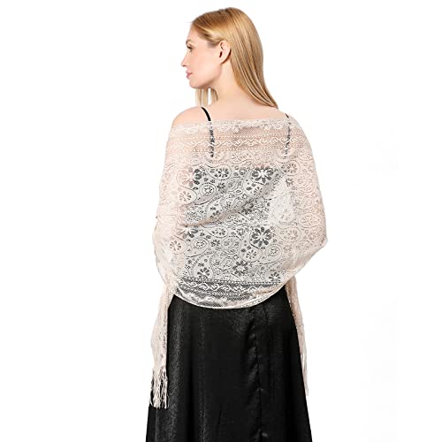 Ladiery Women's Floral Lace Shawl with Tassels, Soft Mesh Fringe Wraps for Wedding Evening Party Dresses3