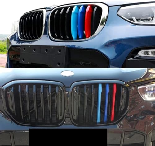 Image of M-Colored Tri Grille Insert Trims Strips, Front Center Kidney Grilles Compatible with 5 Series E60 525i 528i 530i 535i 540i 545i 550i M5 2004-2010 (11 Beam Bars)