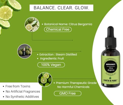 Image of Earth N Pure Bergamot Essential Oil | 100% Pure Natural Therapeutic Grade | Steam Distilled Citrus Bergamia Peel Oil | For Diffuser, Aromatherapy, Skin Care, Hair Care & DIY | 15ml