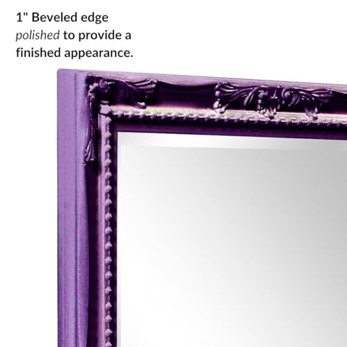 Image of Howard Elliott Collection Queen Ann Rectangular Glossy Royal Purple Wall Mirror, Rectangle Hanging Wood Framed Vanity Mirrors for Home Decor, Living Room, Bathroom, Bedroom, or Hallway, 24 x 36 Inch
