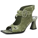 TDD Chunky Gladiator Sandals for Women Summer Dressy High Heels Square Toe Block Sandalias Para Mujer Open Toe Faux Leather Strappy Outdoor Ladies Wedding 3 Inch Sandles (Green, Size 9)