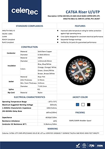 Image of celertec CAT6A Ethernet Cable, 500ft, 23AWG Solid Bare Copper, UTP Unshielded Twisted Pair, CMR Riser Rated &ETL Listed, 650Mhz /10 Gigabit Network Speed, Category6 Augmented, Bulk Ethernet Cable -Blue