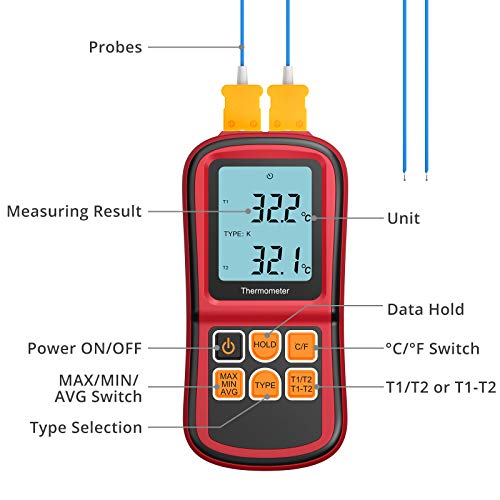 Digital Thermometer, Kamtop Dual Channel Thermometer With Two K Type Thermocouple Probe, High Temperature Meter Dual Measurement Meter Sensor Backlight Lcd Thermometer For K/ J/ T/ E/ R/ S/ N Type #TOP2