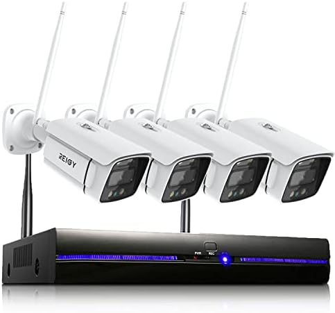 REIGY 3MP WiFi Security Camera System with Floodlight Without Hard Drive, 2K Outdoor Home Surveillance Set 8CH 5MP NVR + 4X 1296P IP Cam, 2-Way Audio Remote View Color Night Vision Motion Detection