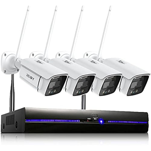 REIGY 3MP WiFi Security Camera System with Floodlight Without Hard Drive, 2K Outdoor Home Surveillance Set 8CH 5MP NVR + 4X 1296P IP Cam, 2-Way Audio Remote View Color Night Vision Motion Detection