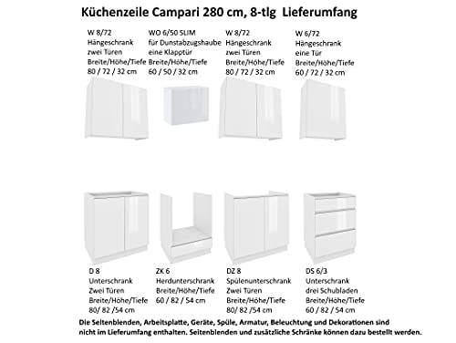 Möbel für Dich Grifflose Einbauküche Campari 280 cm, 8-TLG Schwarz, Weiß, Grau - Hochglanz oder Matt (Schwarz Matt) - Image 4