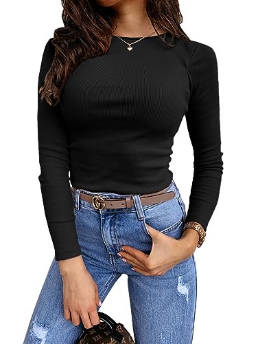 Feziakuk Damen Sexy Enges Oberteil Strick Langarm Rippshirt Mode Casual...