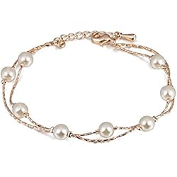 Collar Perlas Bimba Y Lola Crystalline Azuria Mujer 18ct Chapado en Oro Rosa Perlas Blancas simuladas Pulsera 20 cm para Mujer y Niña