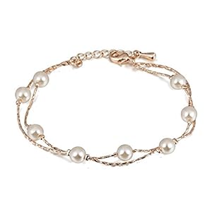 Multi Strand Parel Armband Set Hanger Ketting 18 inch Bangle Oorbellen met Swarovski Crystal Gesimuleerde Witte Parels Armband voor Vrouwen 8 inch 18K Verguld