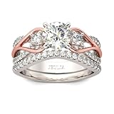 Jeulia Two Tone Rings for Women Rose Gold Three Stone Round Cut Engagement Rings Sterling Silver Halo Bridal Ring Set Anniversary Promise Wedding Ring with Jewelry Gift Box (7)