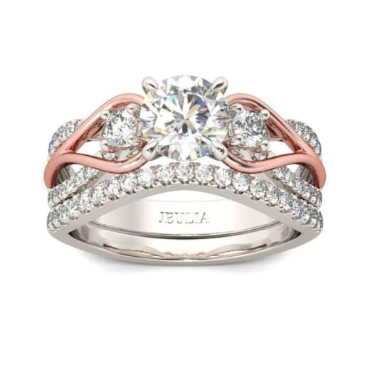 Jeulia Two Tone Rings for Women Rose Gold Three Stone Round Cut Engagement Rings Sterling Silver Halo Bridal Ring Set Anniversary Promise Wedding Ring with Jewelry Gift Box (6)
