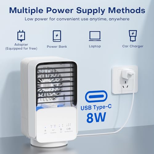 OMISOON Aire Acondicionado Portatil, 4 en 1 Enfriador de Aire, Tanque de 800ml, 60°/120° Oscilación, 3 Velocidades, 2 Modos de Niebla, Mini Aire Acondicionado con Luz LED, Ideal para Hogar, Oficina