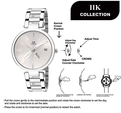 Image of IIK COLLECTION Watch for Women Round Studded Dial |Day and Date Quartz Movemnet |Long Battery Life|Stainless Steel Bracelet Chain Strap|Double Lock Clasp Safety Watches for Girls
