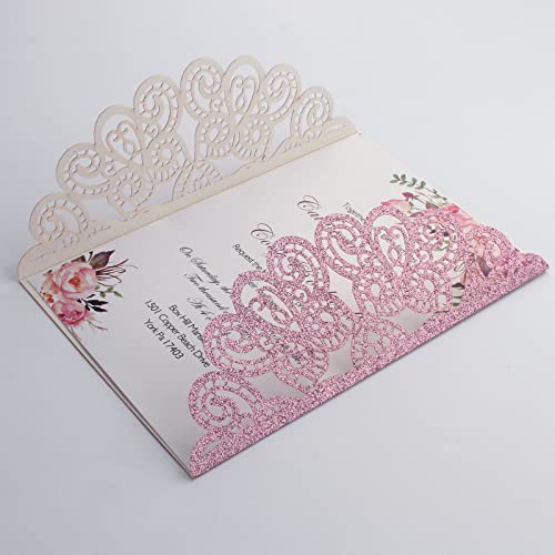 Kyutong 50Pcs Wedding Invitations with Envelopes and Rsvp Cards Pink Glitter Laser Cut Invitations with Pink Ribbons for Engagement Brithday Quinceanera Invites by Kyutong - Used condition - Image 6