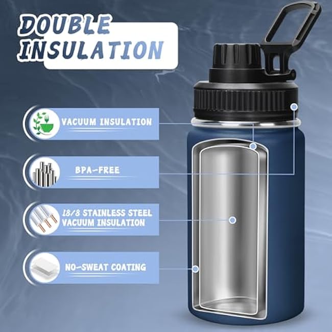 12oz Water Bottle Stainless Steel Metal Vacuum Insulated No Sweat, Sports Leakproof BPA free Lightweight Hot Cold Retention