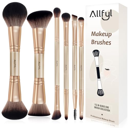 ALLFYL Set 6 Pennelli Doppi Trucco Professionali, Champagne, Pennello Fondotinta incluso, Pennelli Make Up per Viso Contour Occhi Labbra, Confezione Regalo da Viaggio per Donne