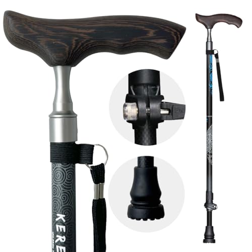 KEREMET Carbon Fiber Walking Cane, Telescopic Ultralight Walking Stick for Senior Men and Women, Height Adjustable Cane with Ergonomic Wooden Handle for The Elderly and Adults (Black with Pattern)