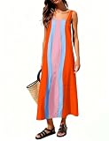 Ailoqing 2026 Women Boho Floral Dress Summer Casual Color Block Maxi Beach Vacation Overall Dresses Coverups(OrangeBlue-S)
