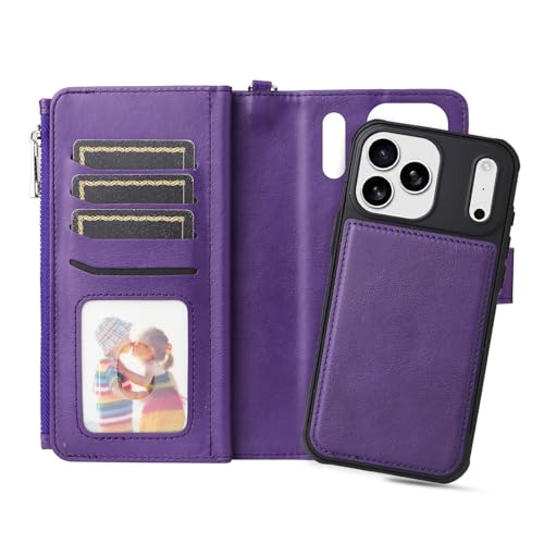 Étui iPhone 17 Pro Max violet avec portefeuille zippé et housse cuir amovible