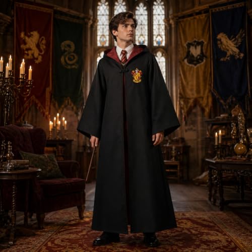 Image of Wanna Party Magician Wizard Robe Costume, XL Size | Black Hooded Fancy Dress Cloak for Halloween, School Functions, Theme Parties, Stage Performances & Cosplay
