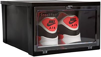 SneakNeat Drop Front Shoe Box Black (2 Pack) Stackable Plastic Storage Container Organizer Large