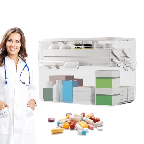 Caja de almacenamiento para medicamentos, estuche de primeros auxilios, almacenamiento portátil para medicamentos, organizador transparente de doble capa, estuche portátil de gran capacidad para el